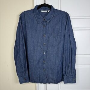 Vintage Appleseeds Denim Shirt Women Petite Large Blue Button Up Long Sleeve 90s